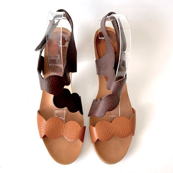 Penelope Collection Spanish Brown Leather Scalloped Wood Heel Cork Sandals 41 - Picture 7 of 10